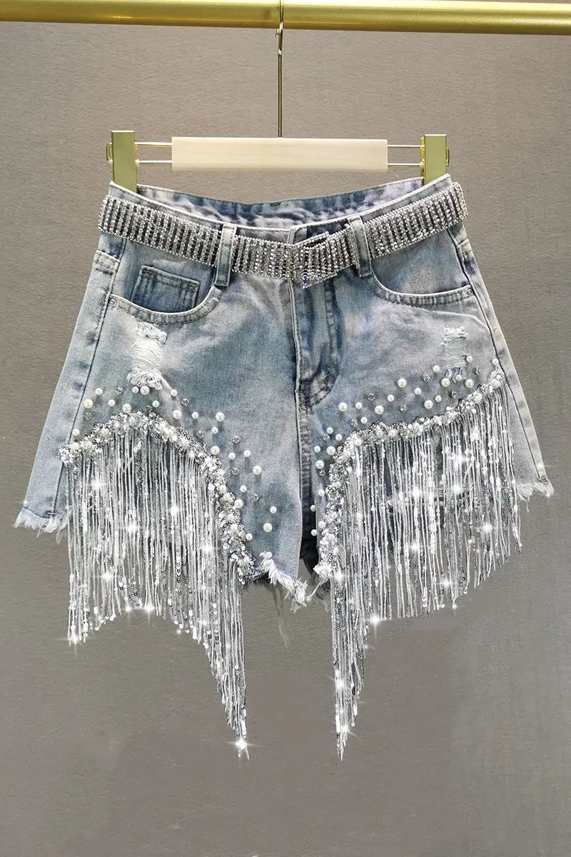 Elegant Tassel Beaded High Waist Denim Shorts – Wide-Leg Summer Jeans