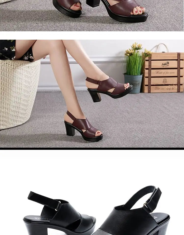 Genuine Leather Women’s Platform Sandals Thick Sole High Heels Summer Shoes
