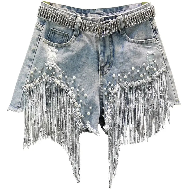 Elegant Tassel Beaded High Waist Denim Shorts – Wide-Leg Summer Jeans