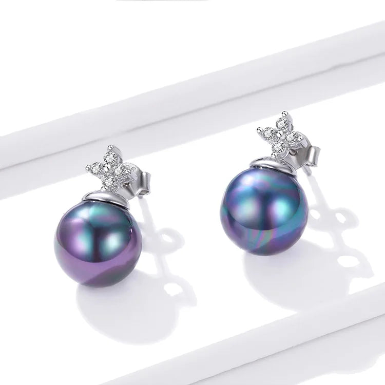 bamoer 925 Sterling Silver Elegant Black Pearl Earrings Necklace Shell Pearl Necklace Chain for Women Fine Jewelry Set BSN226