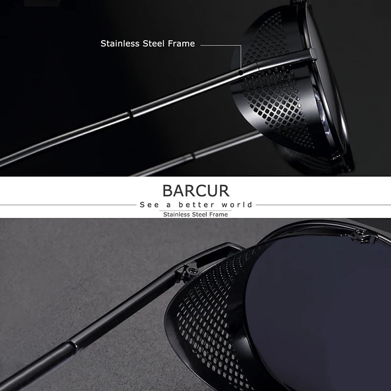 BARCUR Vintage Retro Round Polarized Steampunk Sunglasses Men Sun Glasses For Women Style UV400 Protection