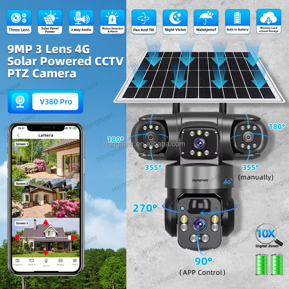 Hongnaer 9MP 3 Lens 4G Wireless Solar Panel Powered Surveil PTZ Camera V380 Pro Outdoor 4G Sim Card CCTV Solar Security Camera