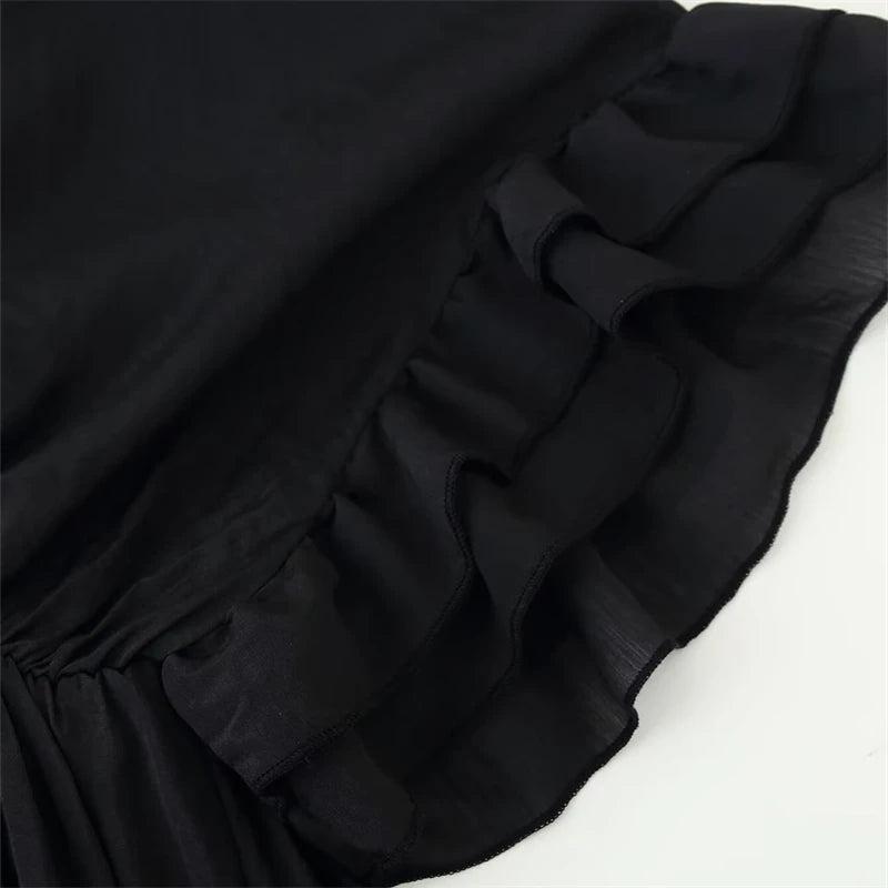 TAOP&ZA 2025 Summer New Women's Clothing Temperament Simple Fashion V-neck Short-sleeved Ruffled Dress Long Skirt 6882