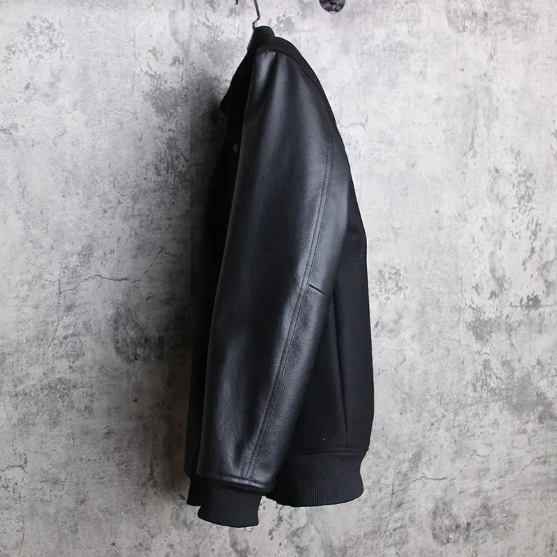 Men 100% Genuine Leather Jacket Woolen Patchwork Loose Stand Collar Jacket Street Zip Black Bomber Outerwear Plus Size 6XL