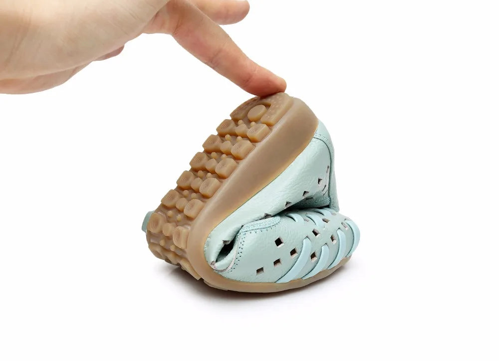 WOIZGIC Mother Women Shoes Sandals Flats Hollow Out Genuine Leather Slip On Loafers Soft Summer Beach Vintage Plus Size 42 43