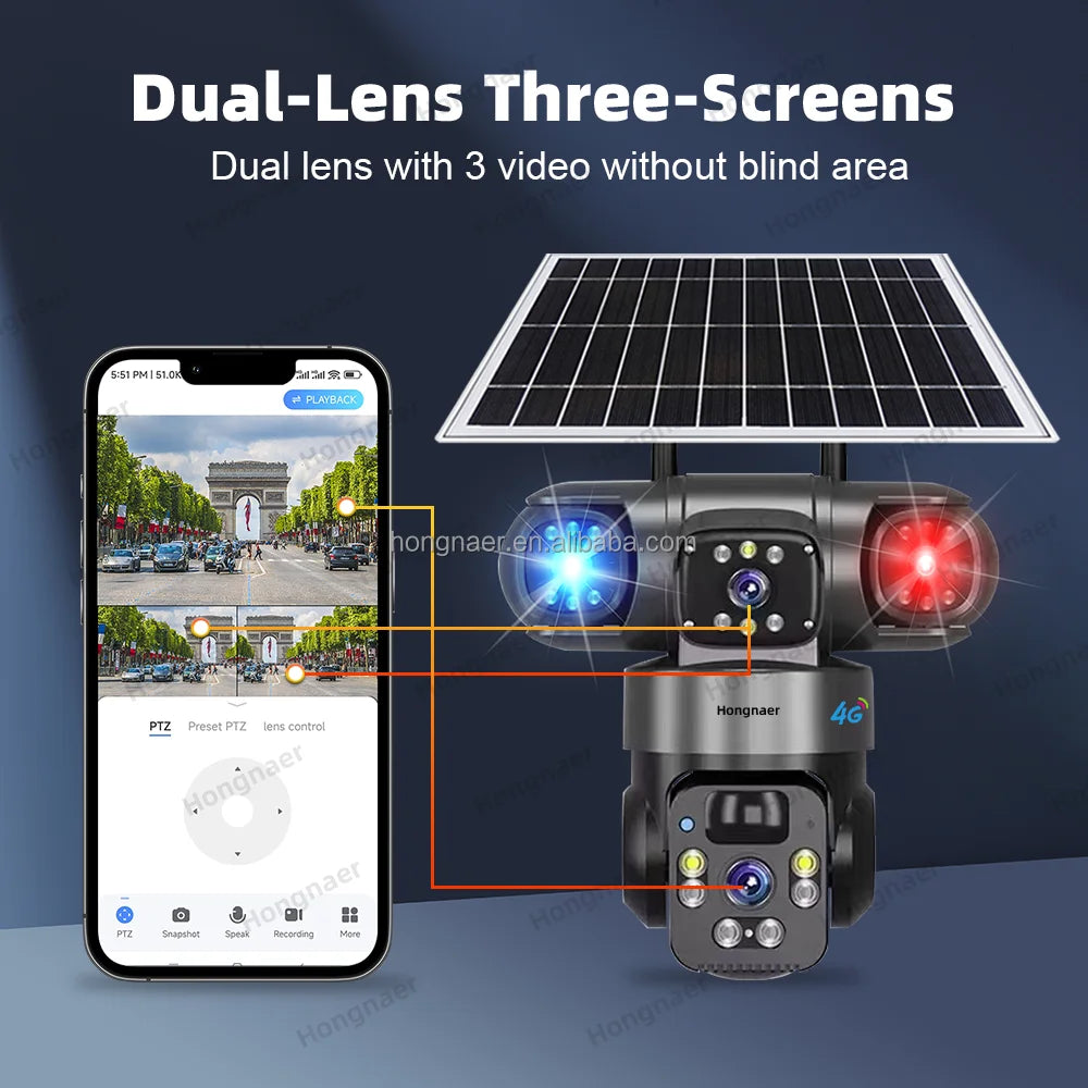 Hongnaer 4MP Wireless 3 Video Solar PTZ 4G Surveil Camera V380 Pro Dual Lens Outdoor Security 4G Sim Card CCTV 4G Solar Camera