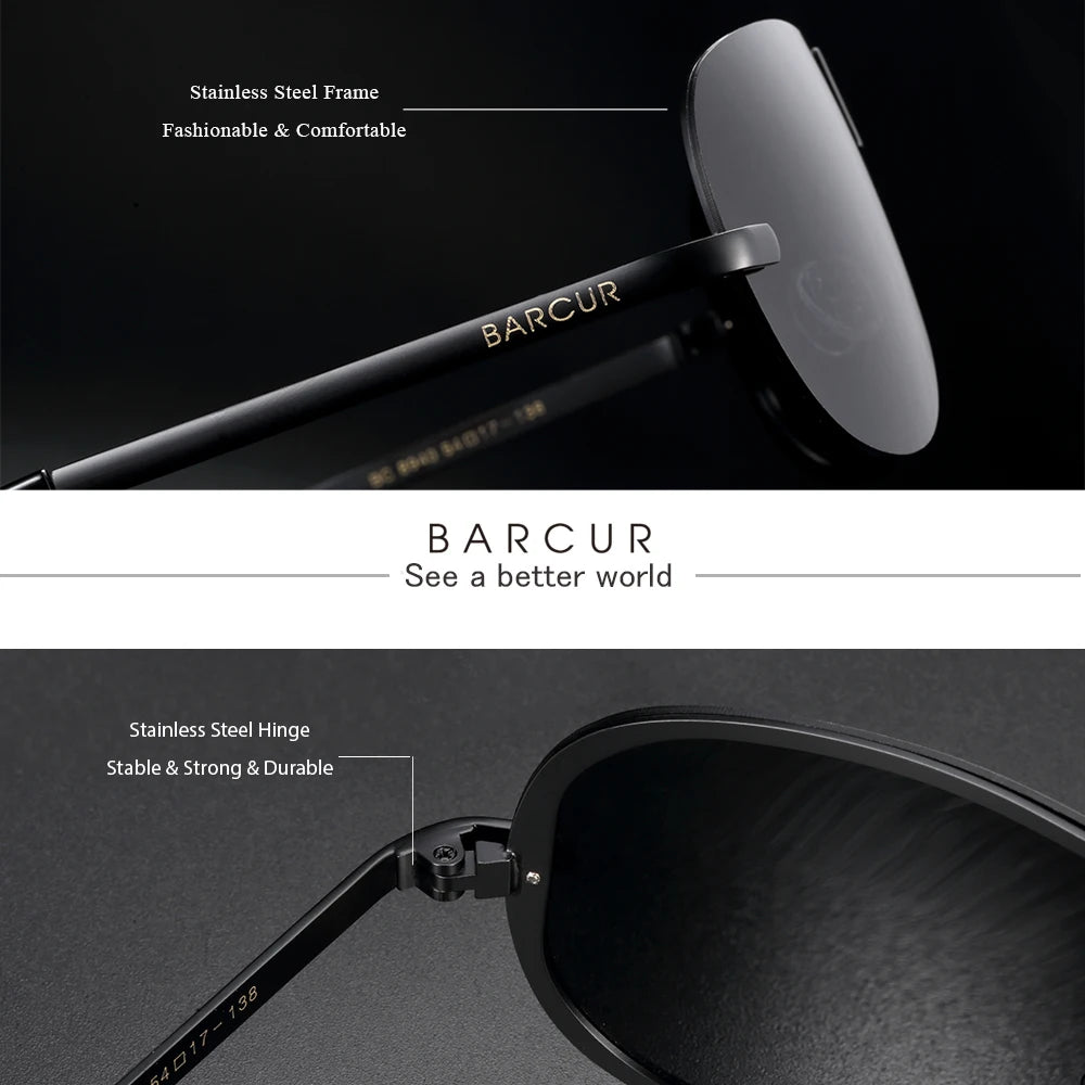 BARCUR Polarized Black Sunglasses Male Rimless Glasses Men Driving Eyewear