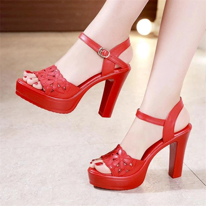 Women’s Plus Size Floral Carved Block Heel Buckle Platform Sandals – Wedding & Office Shoes