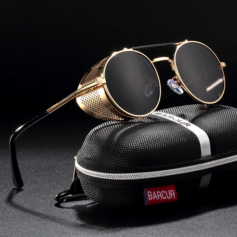 BARCUR Vintage Retro Round Polarized Steampunk Sunglasses Men Sun Glasses For Women Style UV400 Protection