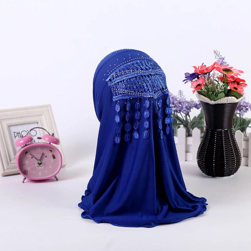 Amira-Muslim Girls Headwear with Diamond Tassel Islamic Prayer Headscarf Arab Soft Wrapped Scarf Plain Shawls Middle East