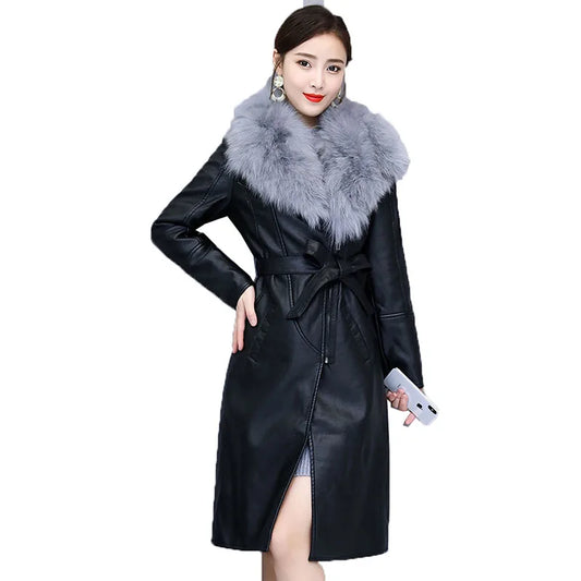 Women's Leather Jacket Winter 2024 New Add Velvet Warm Slim Big Fur Collar Long Leather Coat Female Outerwear With Belt M-4XL