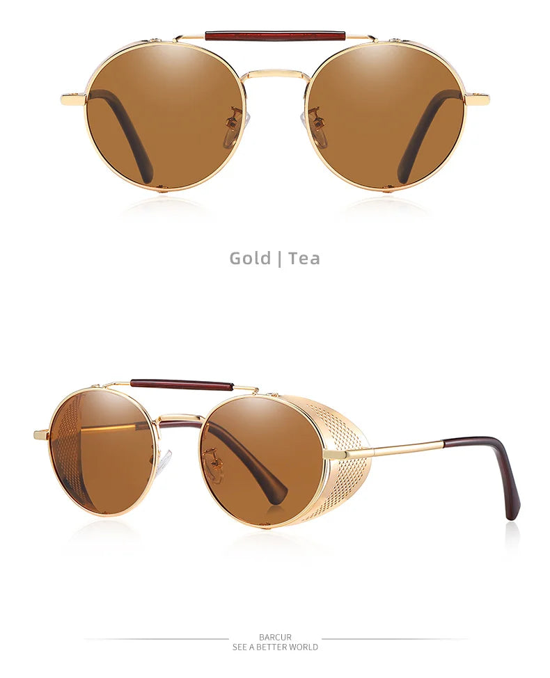 BARCUR Vintage Retro Round Polarized Steampunk Sunglasses Men Sun Glasses For Women Style UV400 Protection