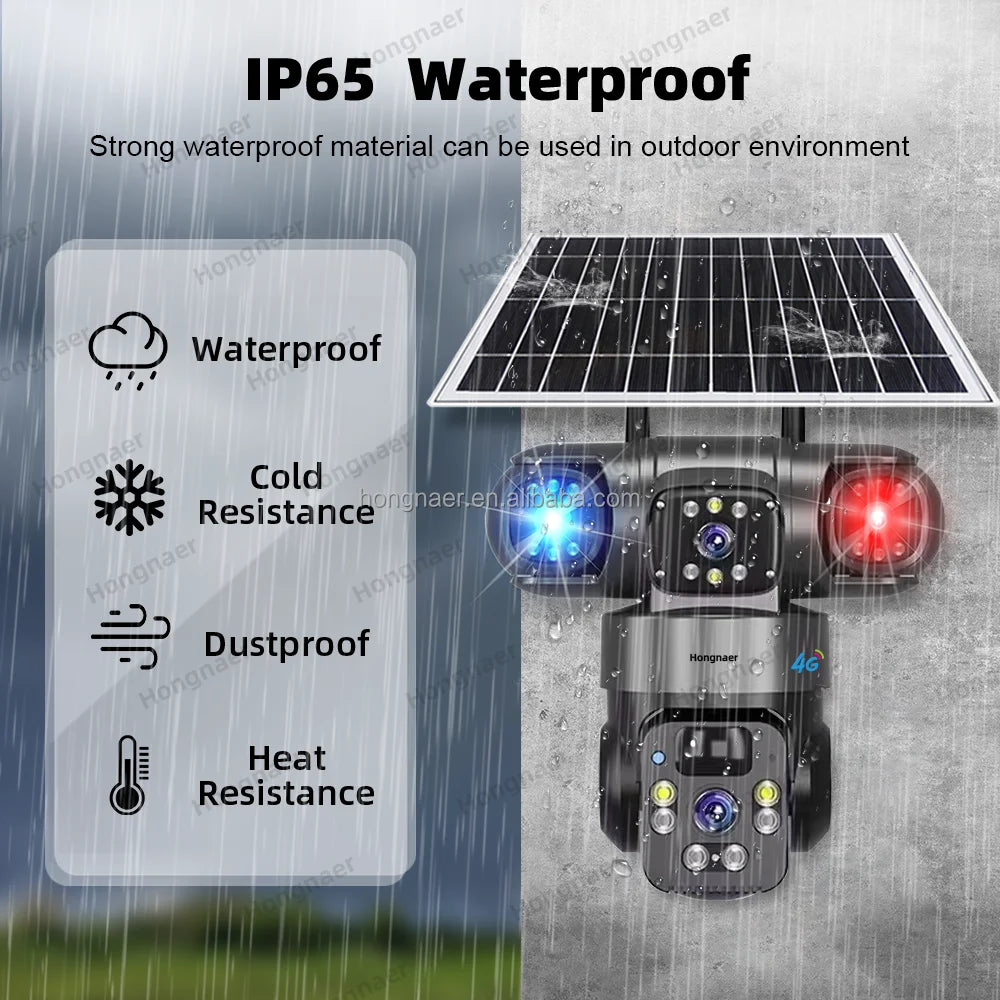 Hongnaer 4MP Wireless 3 Video Solar PTZ 4G Surveil Camera V380 Pro Dual Lens Outdoor Security 4G Sim Card CCTV 4G Solar Camera