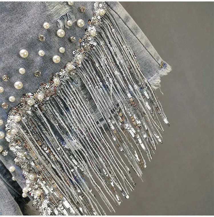 Elegant Tassel Beaded High Waist Denim Shorts – Wide-Leg Summer Jeans