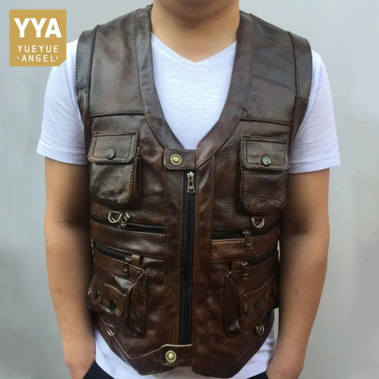 Cowhide Genuine Leather Vest Men Brown Waistcoat Male Sleeveless Jacket Thick High Quality Motorcycle Vest Multi Pocket Zipper