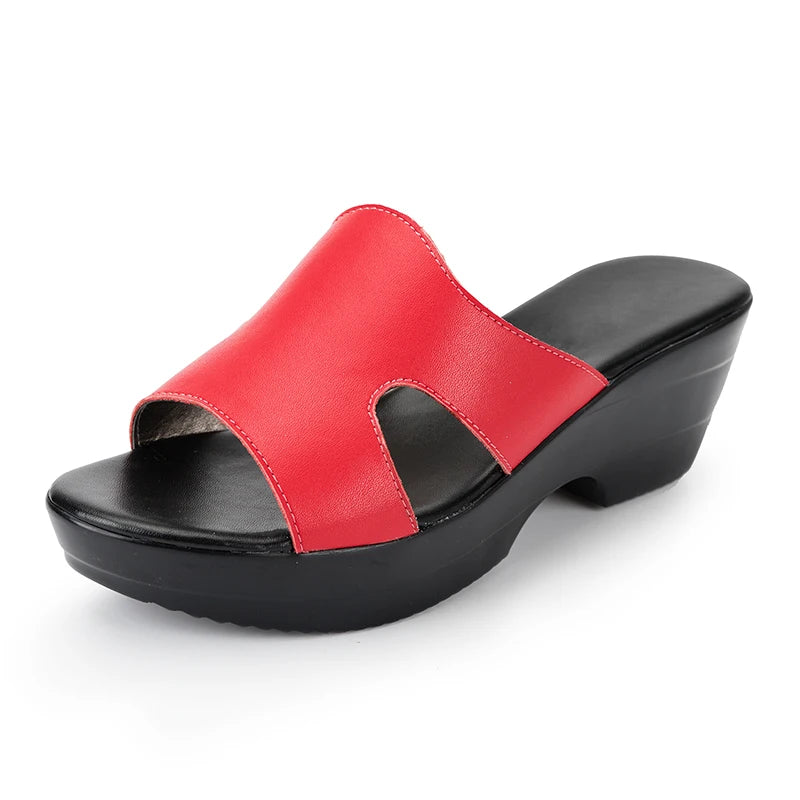 GrabliWorld Women’s Genuine Leather Peep Toe Wedge Sandals Platform Slippers Summer Shoes Plus Size 41-42