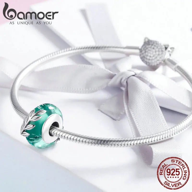 BAMOER Genuine 925 Sterling Silver Tree Leaves Green Leaf Murano Glass Beads Fit Charm Bracelets & Bangles DIY Jewelry SCC863