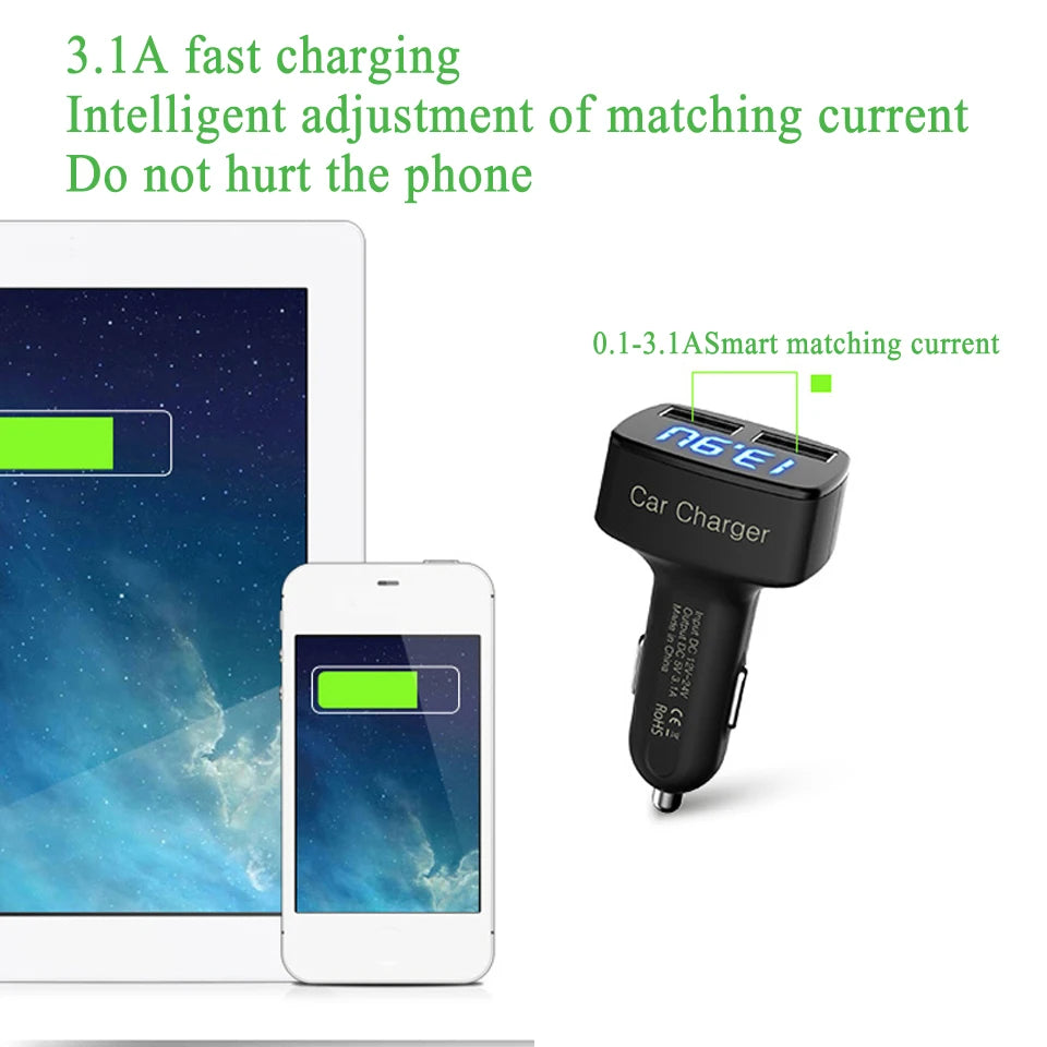 4 In 1 Car Charger Quick Charge 3.1A Dual Usb LCD Display With Temperature/voltage/current Meter Tester Adapter Digital Display