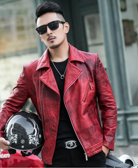 Man wearing a red leather jacket and sunglasses holding a helmet, with 'YueYue Angel' branding.