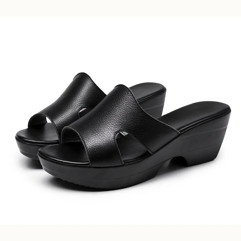 GrabliWorld Women’s Genuine Leather Peep Toe Wedge Sandals Platform Slippers Summer Shoes Plus Size 41-42