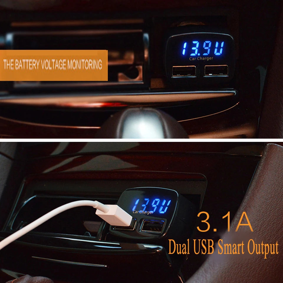 4 In 1 Car Charger Quick Charge 3.1A Dual Usb LCD Display With Temperature/voltage/current Meter Tester Adapter Digital Display