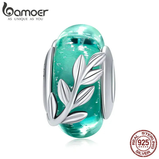 BAMOER Genuine 925 Sterling Silver Tree Leaves Green Leaf Murano Glass Beads Fit Charm Bracelets & Bangles DIY Jewelry SCC863