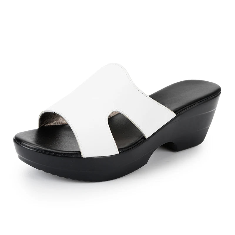 GrabliWorld Women’s Genuine Leather Peep Toe Wedge Sandals Platform Slippers Summer Shoes Plus Size 41-42