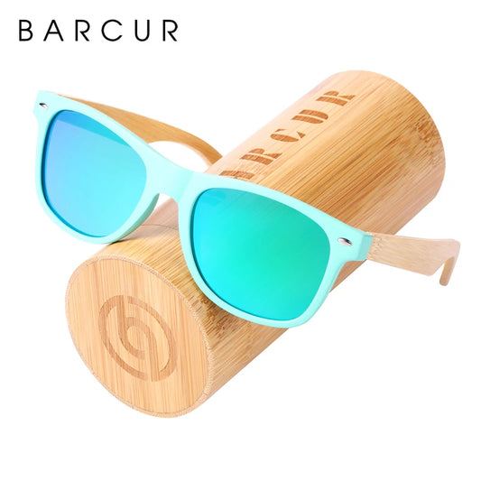 BARCUR Bamboo Sunglasses Wood Sun Glasses Square Green Frame UV400 Protection Polarized Eyewear