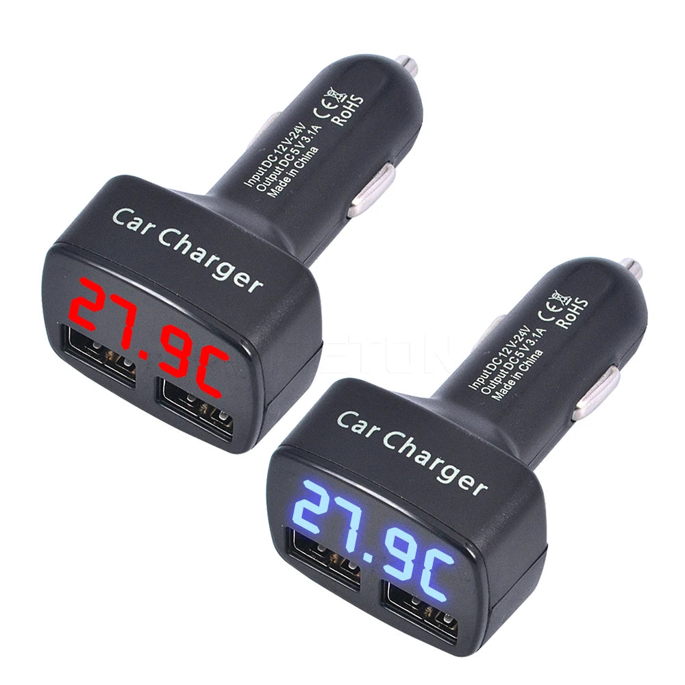 4 In 1 Car Charger Quick Charge 3.1A Dual Usb LCD Display With Temperature/voltage/current Meter Tester Adapter Digital Display