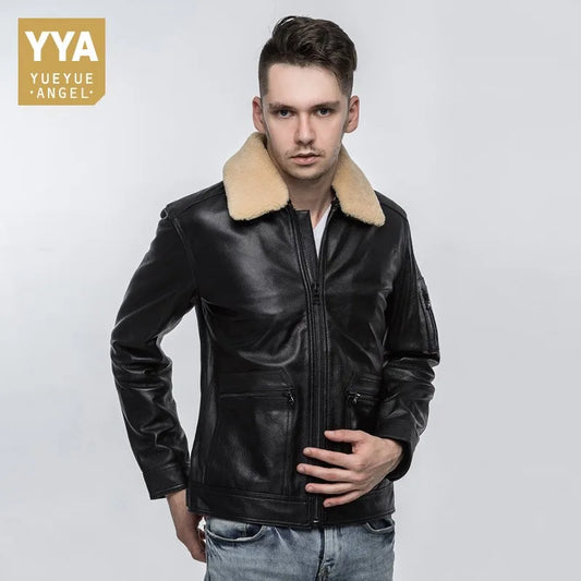 Top Quality Mens Air Force Pilot Sheepskin Genuine Leather Jacket Slim Fit Sheep Fur Collar Padded Coat Chaqueta Motor Hombre