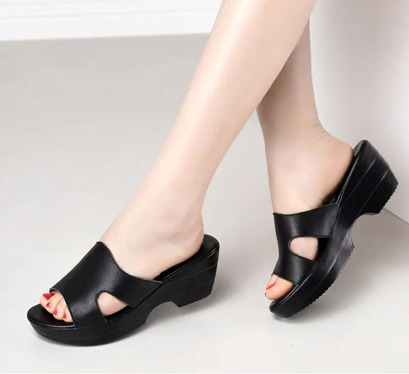 GrabliWorld Women’s Genuine Leather Peep Toe Wedge Sandals Platform Slippers Summer Shoes Plus Size 41-42