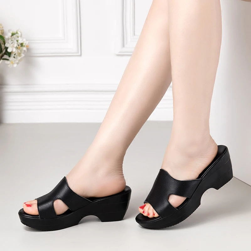 GrabliWorld Women’s Genuine Leather Peep Toe Wedge Sandals Platform Slippers Summer Shoes Plus Size 41-42