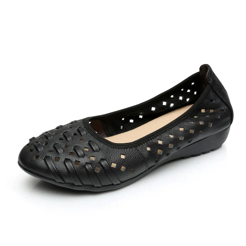 WOIZGIC Mother Women Shoes Sandals Flats Hollow Out Genuine Leather Slip On Loafers Soft Summer Beach Vintage Plus Size 42 43