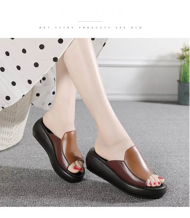 GrabliWorld Women’s Genuine Leather Platform Flip Flops – Summer 2025