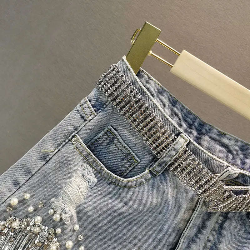 Elegant Tassel Beaded High Waist Denim Shorts – Wide-Leg Summer Jeans