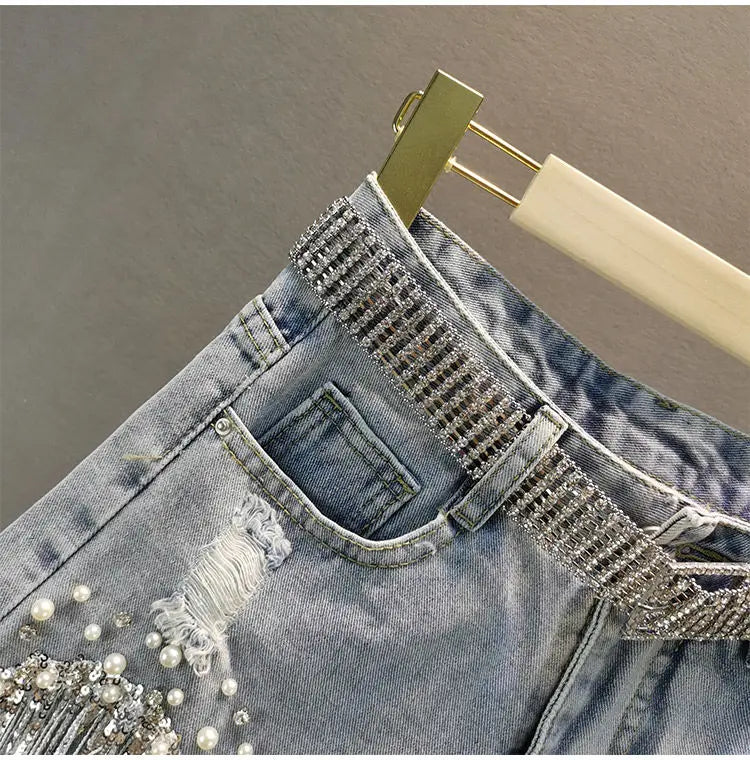 Elegant Tassel Beaded High Waist Denim Shorts – Wide-Leg Summer Jeans