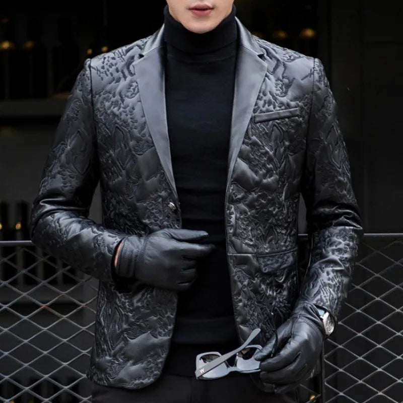 Luxury Men Business Real Leather Jacket Sheepskin Slim Blazer Spring Autumn Classic Black Office Casual Outerwear Plus Size 4XL