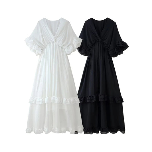 TAOP&ZA 2025 Summer New Women's Clothing Temperament Simple Fashion V-neck Short-sleeved Ruffled Dress Long Skirt 6882