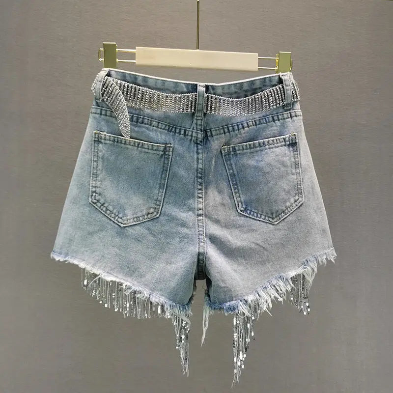 Elegant Tassel Beaded High Waist Denim Shorts – Wide-Leg Summer Jeans