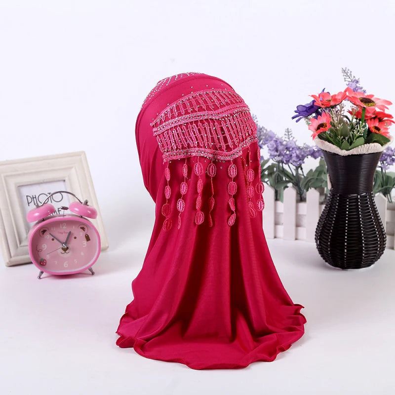 Amira-Muslim Girls Headwear with Diamond Tassel Islamic Prayer Headscarf Arab Soft Wrapped Scarf Plain Shawls Middle East