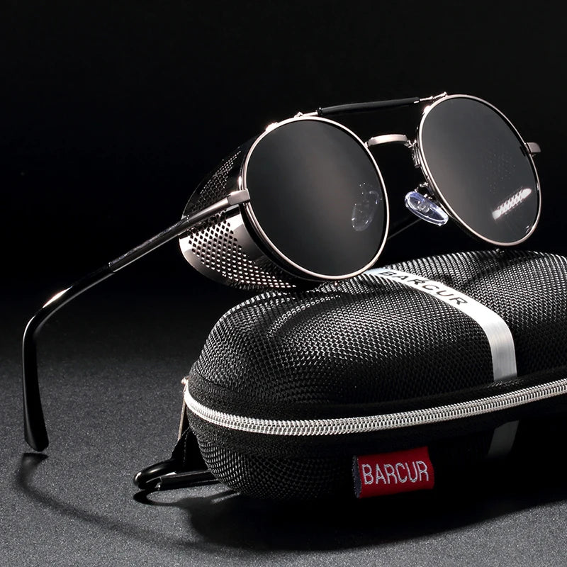 BARCUR Vintage Retro Round Polarized Steampunk Sunglasses Men Sun Glasses For Women Style UV400 Protection