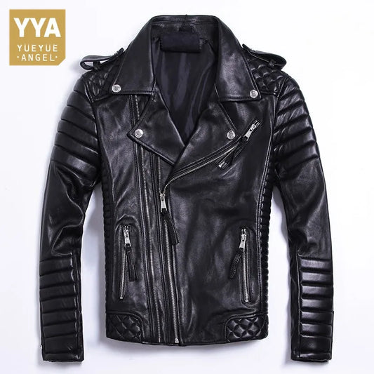 Luxury Black Plus Size Classic Sheepskin Natural Leather Jackets Mens Genuine Leather Jacket Fashion Slim Moto Coats Male