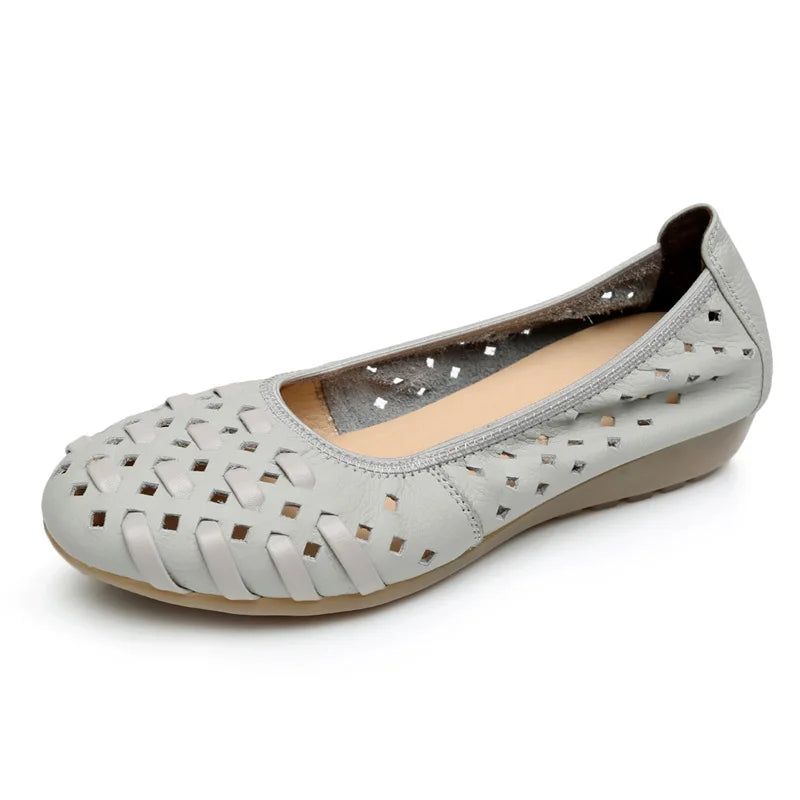WOIZGIC Mother Women Shoes Sandals Flats Hollow Out Genuine Leather Slip On Loafers Soft Summer Beach Vintage Plus Size 42 43