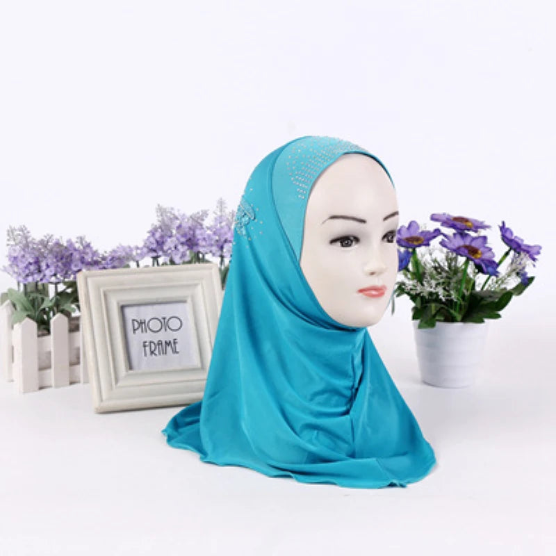 Amira-Muslim Girls Headwear with Diamond Tassel Islamic Prayer Headscarf Arab Soft Wrapped Scarf Plain Shawls Middle East