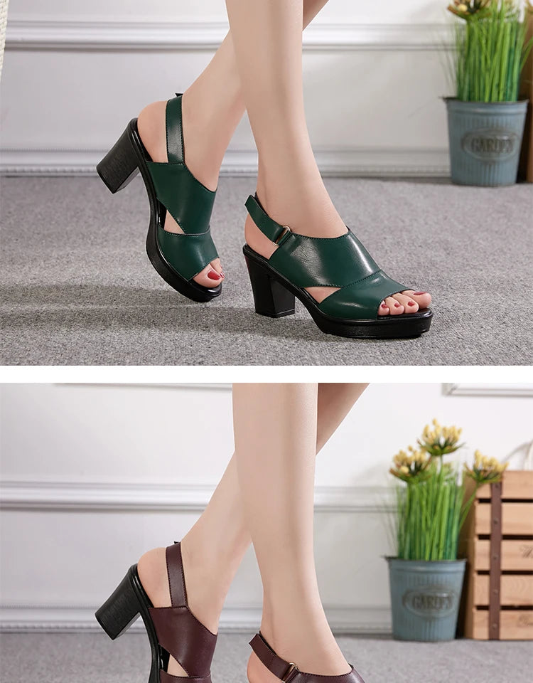 Genuine Leather Women’s Platform Sandals Thick Sole High Heels Summer Shoes