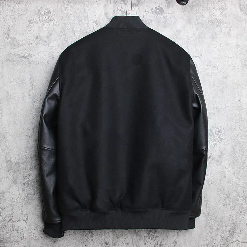 Men 100% Genuine Leather Jacket Woolen Patchwork Loose Stand Collar Jacket Street Zip Black Bomber Outerwear Plus Size 6XL