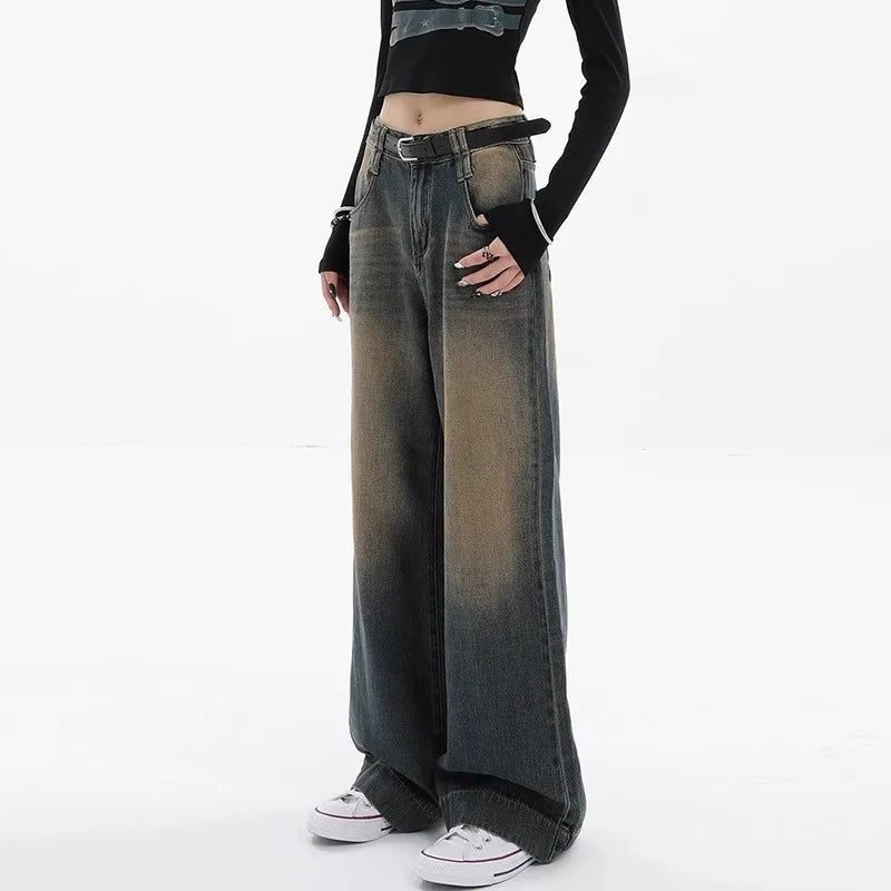 2025 Spring American-Style Washed Wide-Leg Jeans for Women – Loose Fit, Straight Cut, Slimming Effect