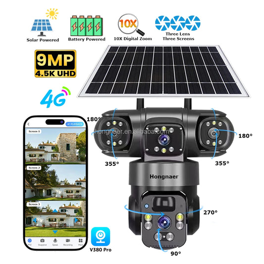 Hongnaer 9MP 3 Lens 4G Wireless Solar Panel Powered Surveil PTZ Camera V380 Pro Outdoor 4G Sim Card CCTV Solar Security Camera