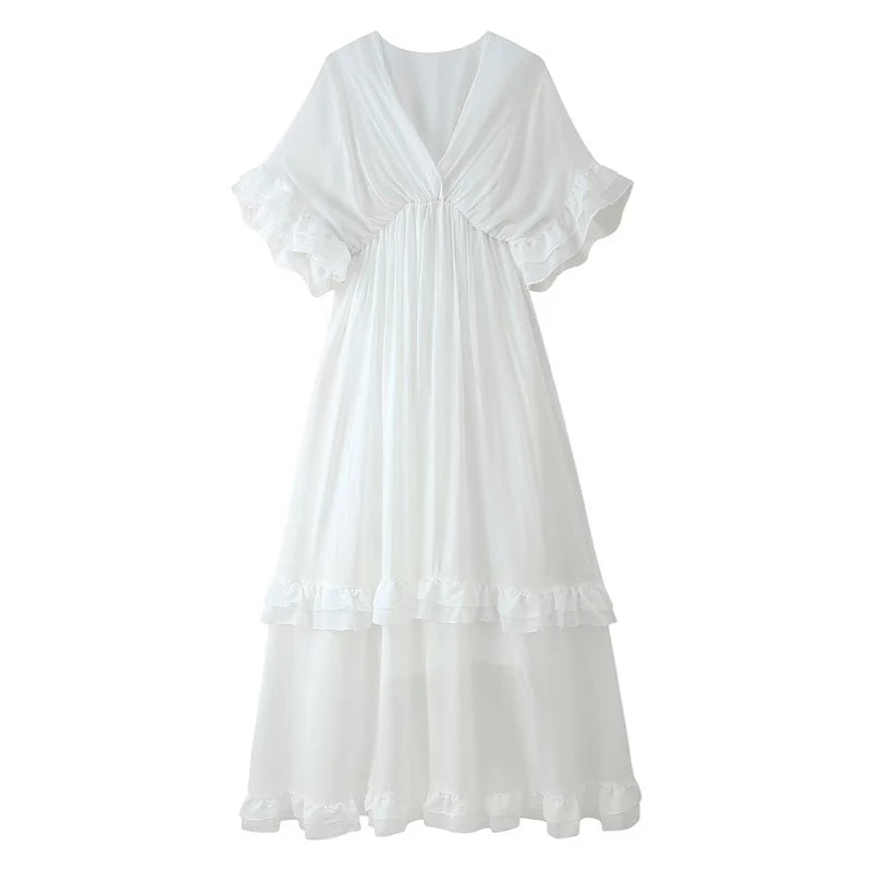 TAOP&ZA 2025 Summer New Women's Clothing Temperament Simple Fashion V-neck Short-sleeved Ruffled Dress Long Skirt 6882