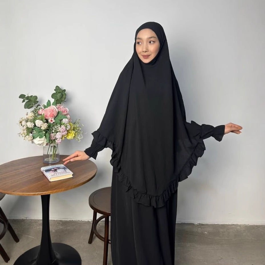 Ramadan Long Khimar with Dress Hijab Eid Muslim Headcarf Women Jilbab 2 Piece Set Jubha Islamic Hijabs Musulman Prayer Garment